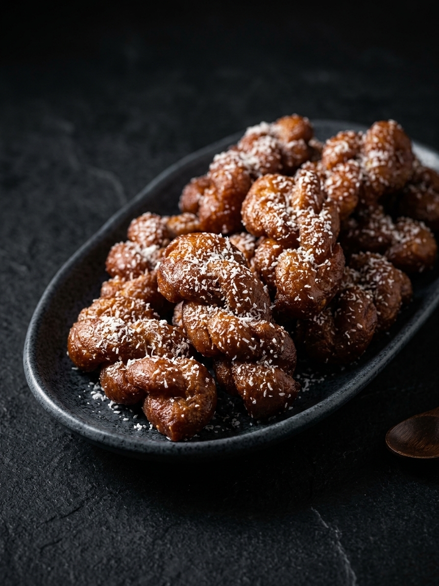 Freshly made golden Cape Malay koeksisters coated in spiced cinnamon syrup